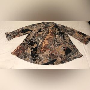 Paisley Blouse earth tone colors, cuff 3/4 sleeves, collar 1/4 front zip-Up